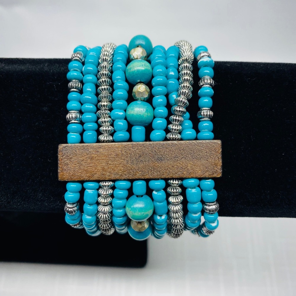 Boho Turquoise Seed Bead‎ Stretch Bracelet Wood Accent Multi-Strand